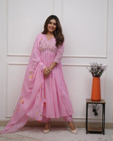 Baby Pink Floral Cotton Embroidered Anarkali Suit Set with Dupatta